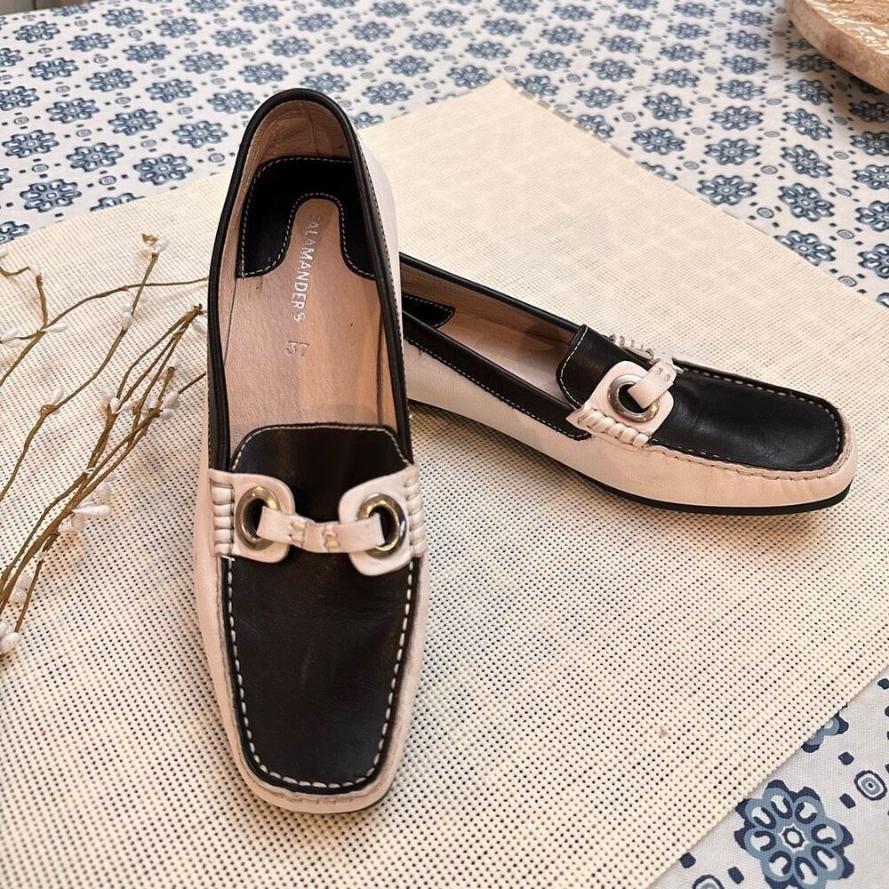 Salamander Shoes‎ Black White Leather colorblock Slip On Flats comfy sz 37/ 7 US